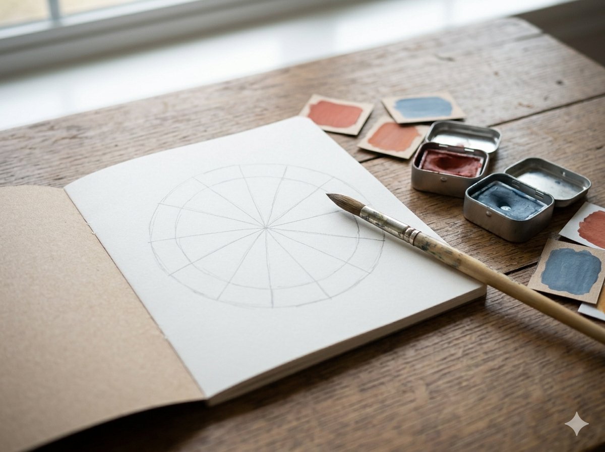 Cuaderno abierto con un círculo cromático dibujado a mano y un pincel, sobre mesa de madera