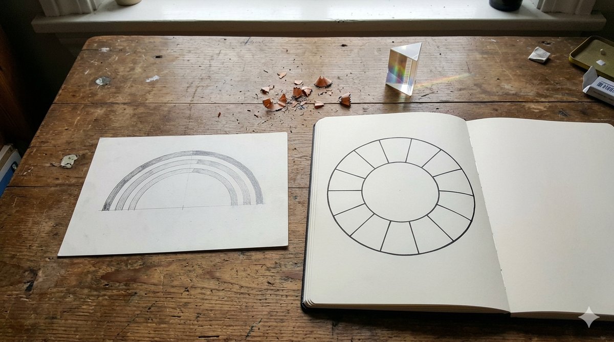 Mesa de madera con un arco espectral impreso, un cuaderno abierto con un círculo cromático vacío de 12 segmentos y un prisma de vidrio