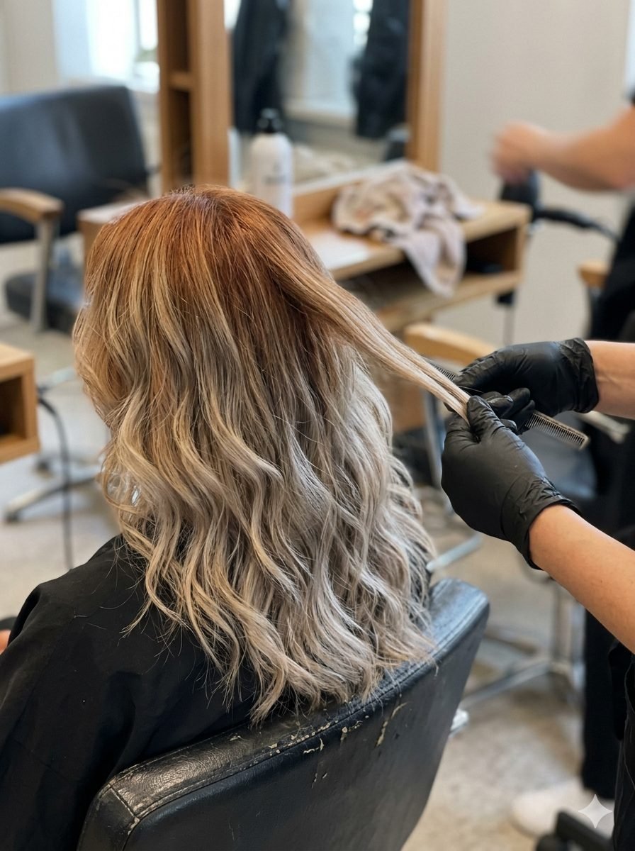 Comparativa antes y después de la corrección de un balayage anaranjado hacia un rubio ceniza armónico mediante preaclaramiento y neutralización profesional