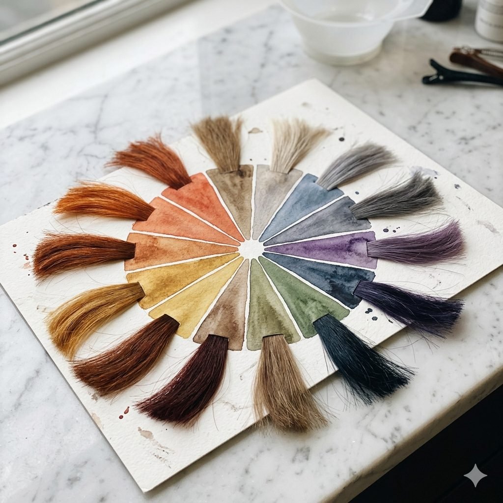 Círculo cromático adaptado a la peluquería con colores primarios, secundarios y pares complementarios usados para neutralizar reflejos no deseados en coloración capilar