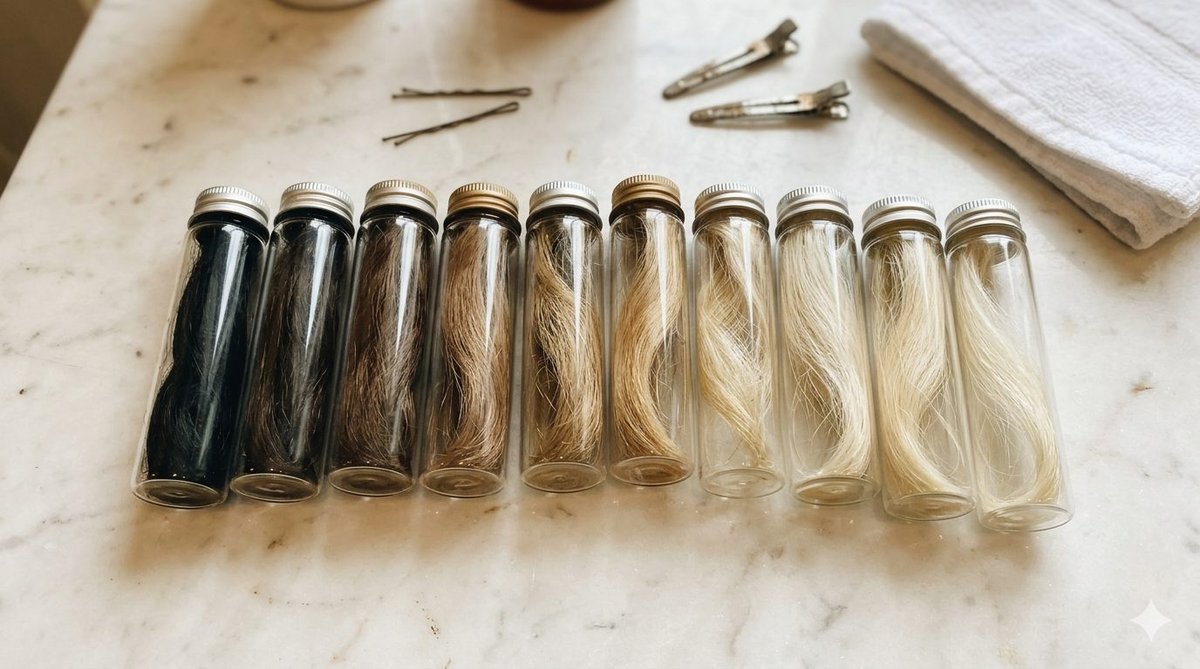 Escala visual de los niveles de tono del 1 al 10 con ejemplos de cabello natural y fondos de aclaramiento correspondientes a cada nivel