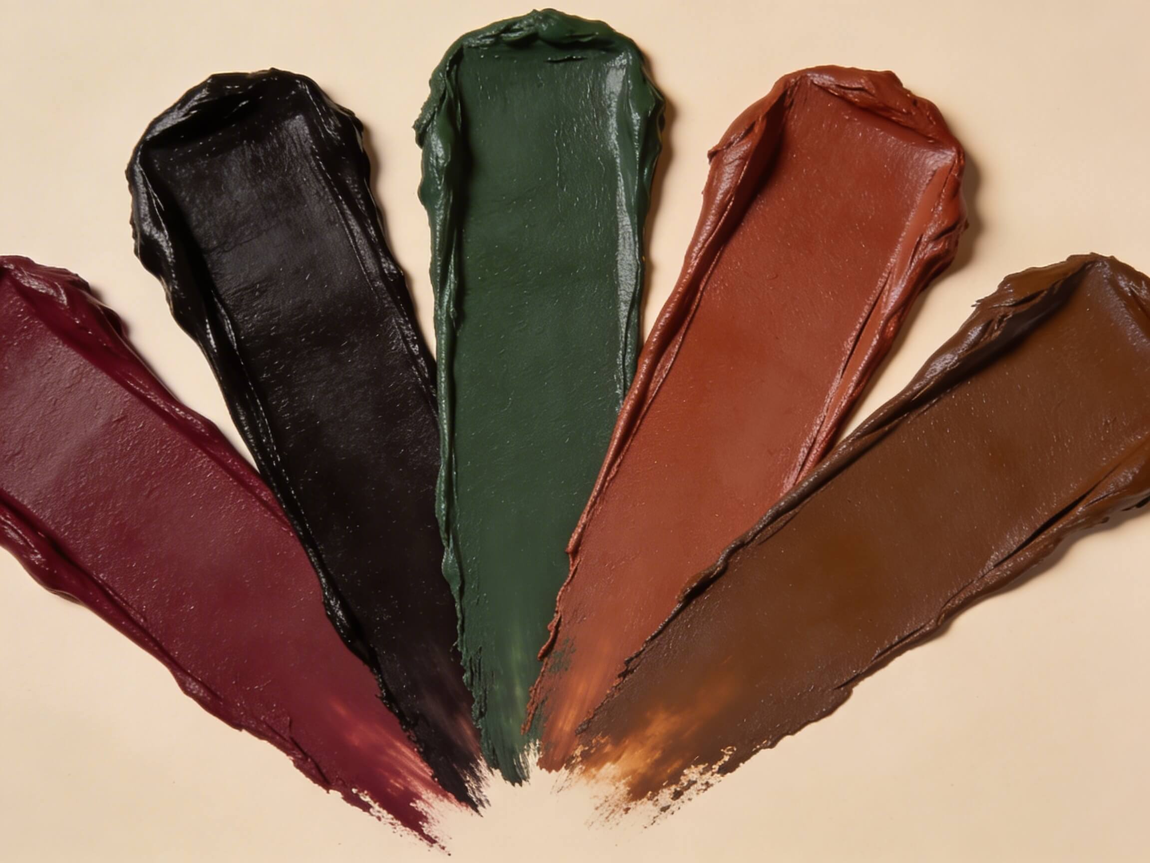Paleta Otoño Profundo: muestras de burdeos intenso, chocolate negro, verde bosque, cobre profundo, camel oscuro