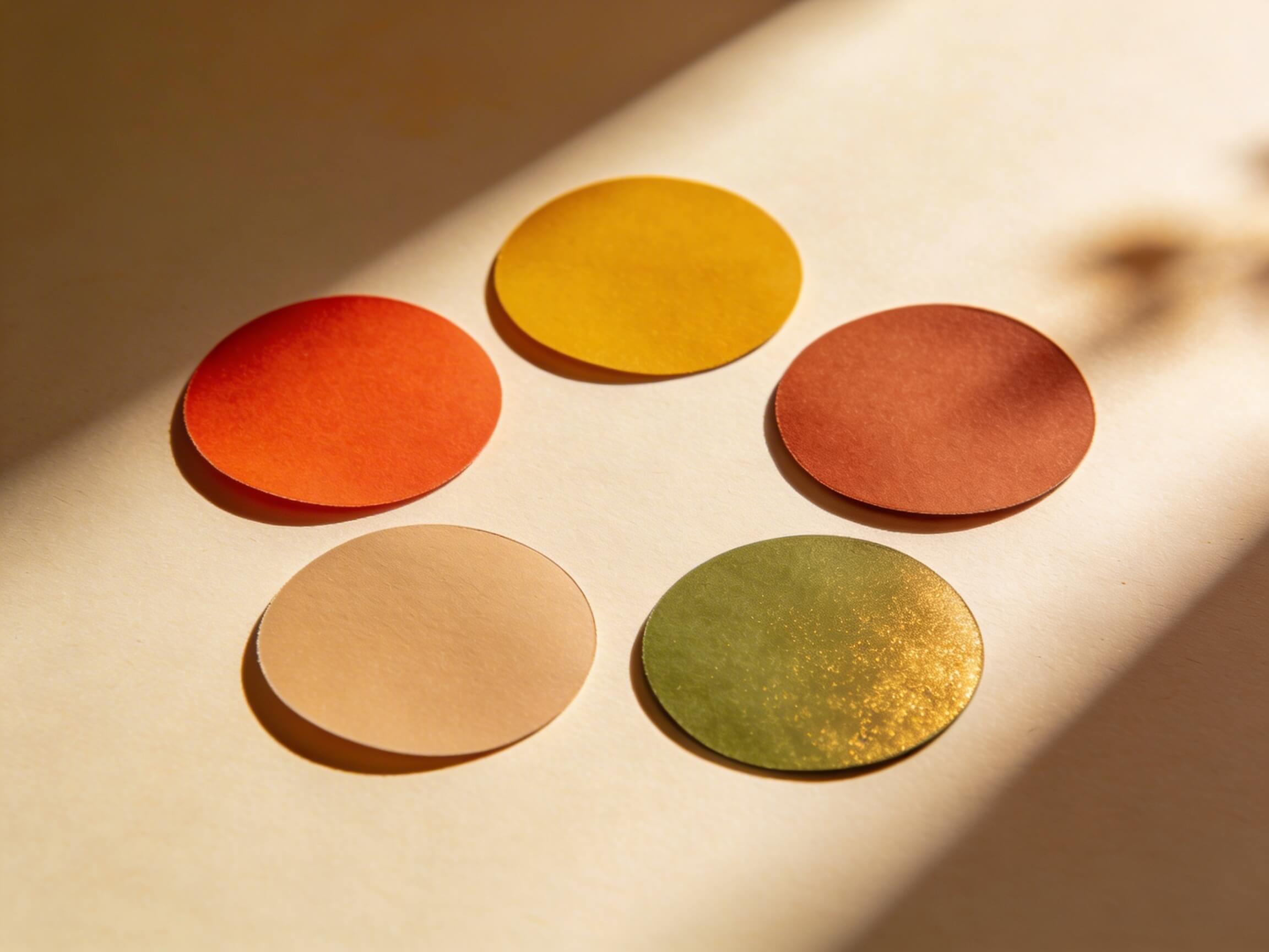 Paleta Otoño Cálido: muestras de coral vivo, mostaza, terracota, camel suave, verde oliva dorado