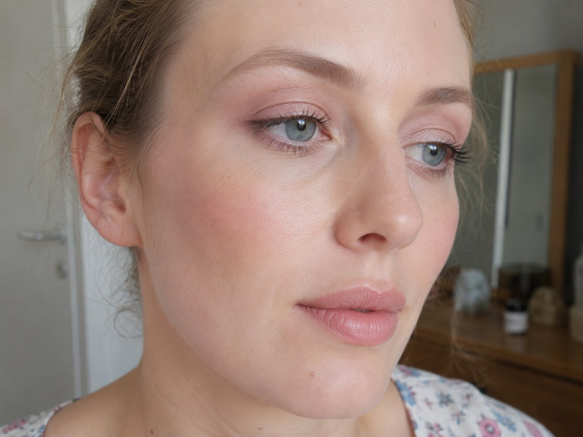 Maquillaje verano claro con sombras rosa empolvado, rímel suave y labios nude rosados sobre tez muy pálida