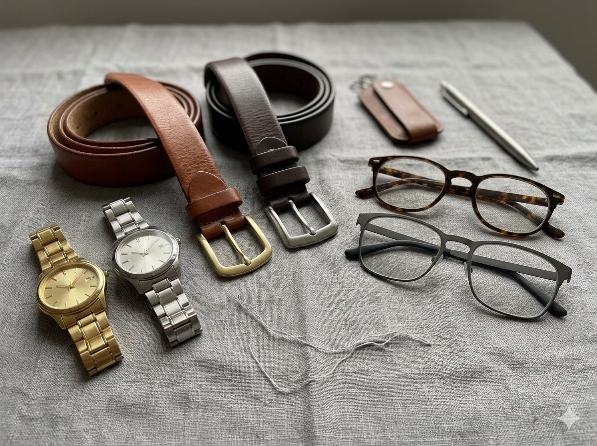 Accesorios masculinos en oro y plata, relojes, pulseras, gemelos, adaptados a los subtonos cálidos y fríos