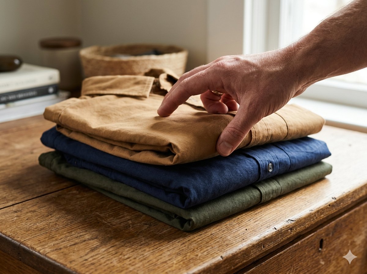 Mano alcanzando una pila de camisas dobladas sobre una mesa de madera
