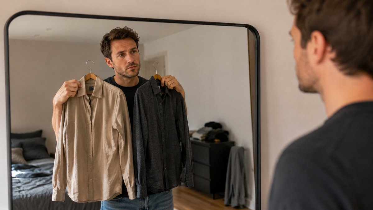 Hombre probándose ropa de diferentes colores ante un espejo para identificar su colorimetría personal