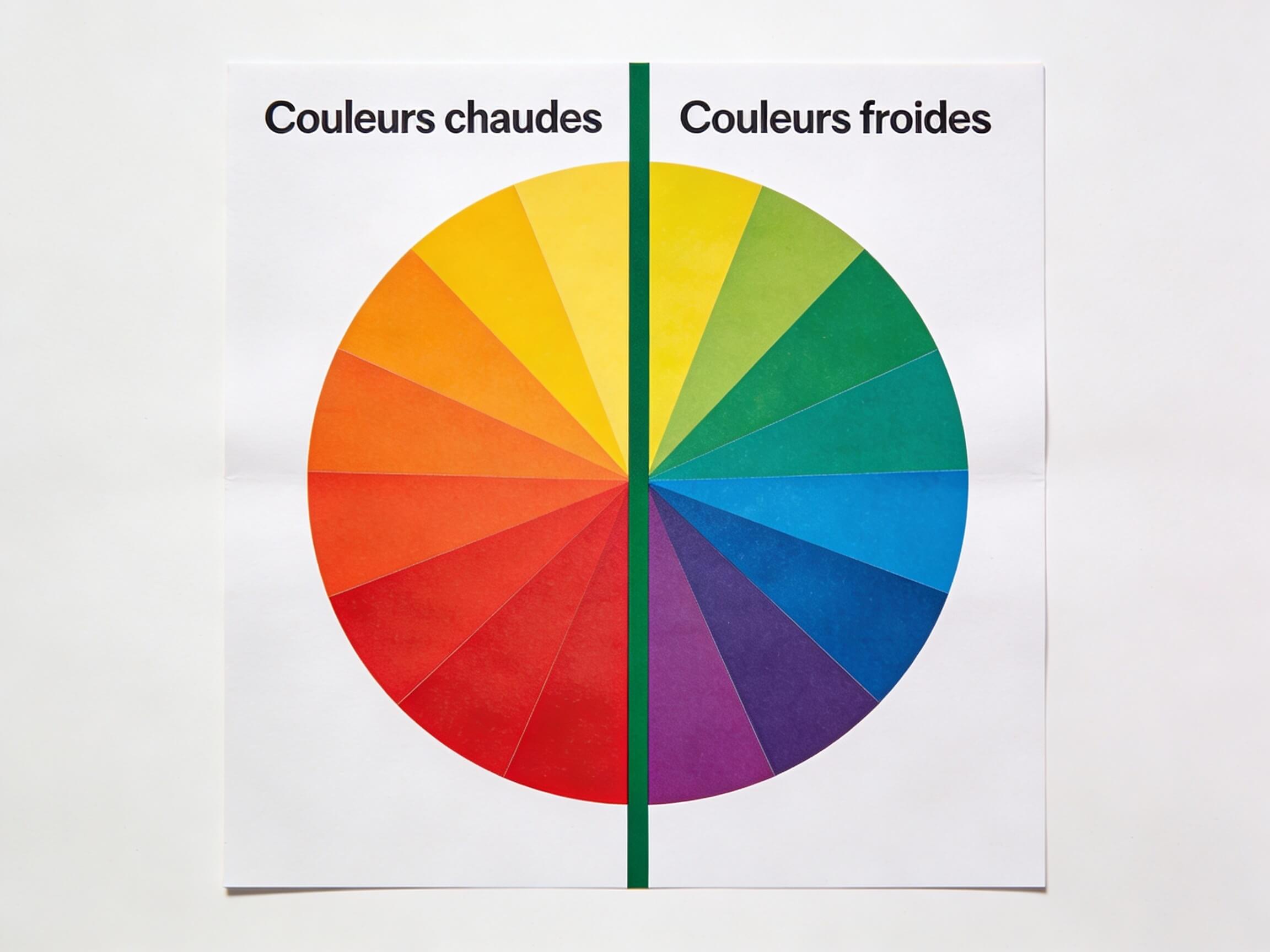 Círculo cromático dividido en colores cálidos y fríos para colorimetría