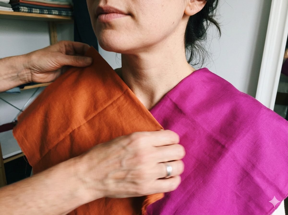 Sesión de colorimetría con drapings de colores bajo el rostro de una clienta en España
