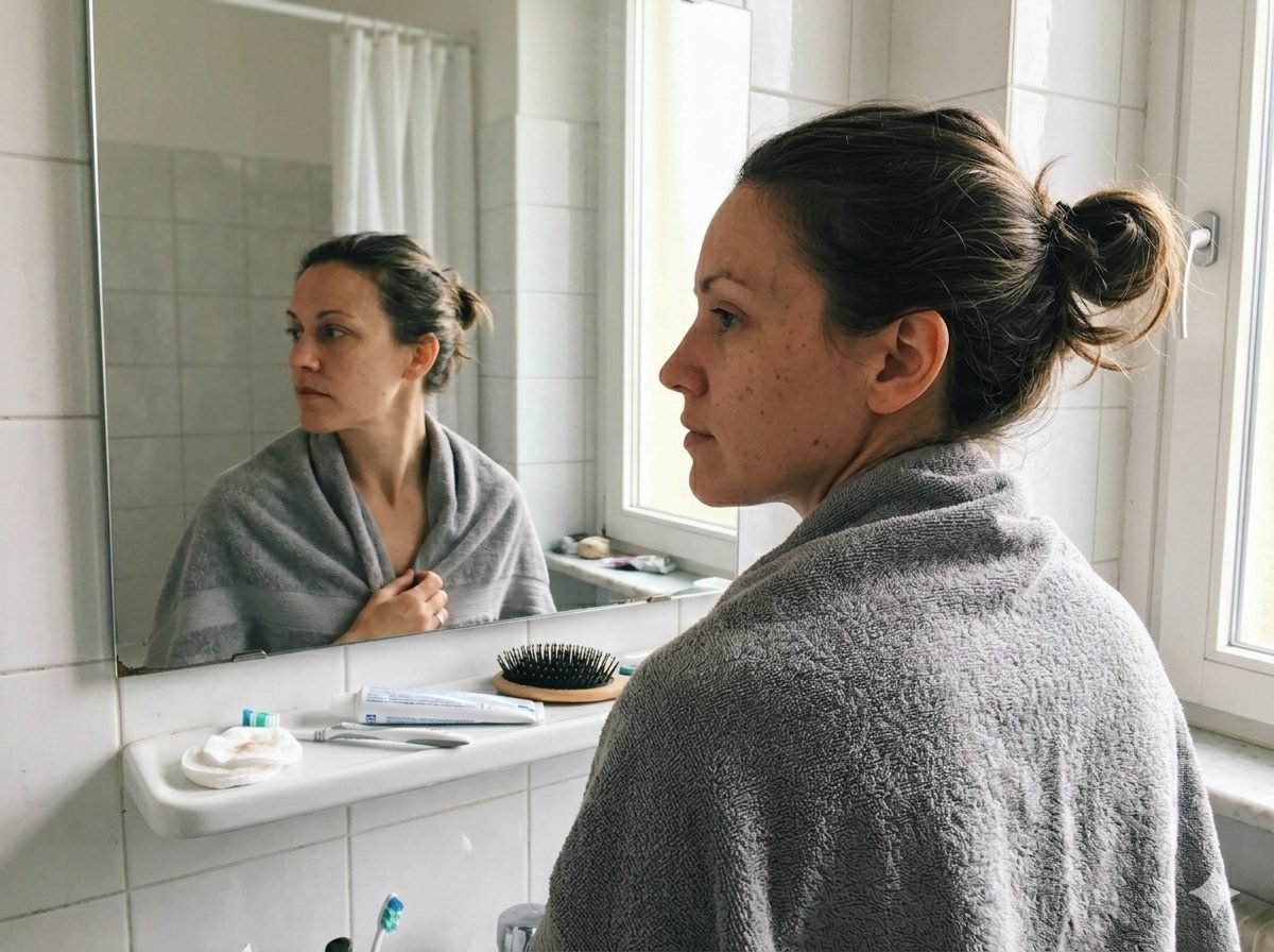 Mujer preparándose para un taller de colorimetría, sin maquillaje frente a un espejo con luz natural