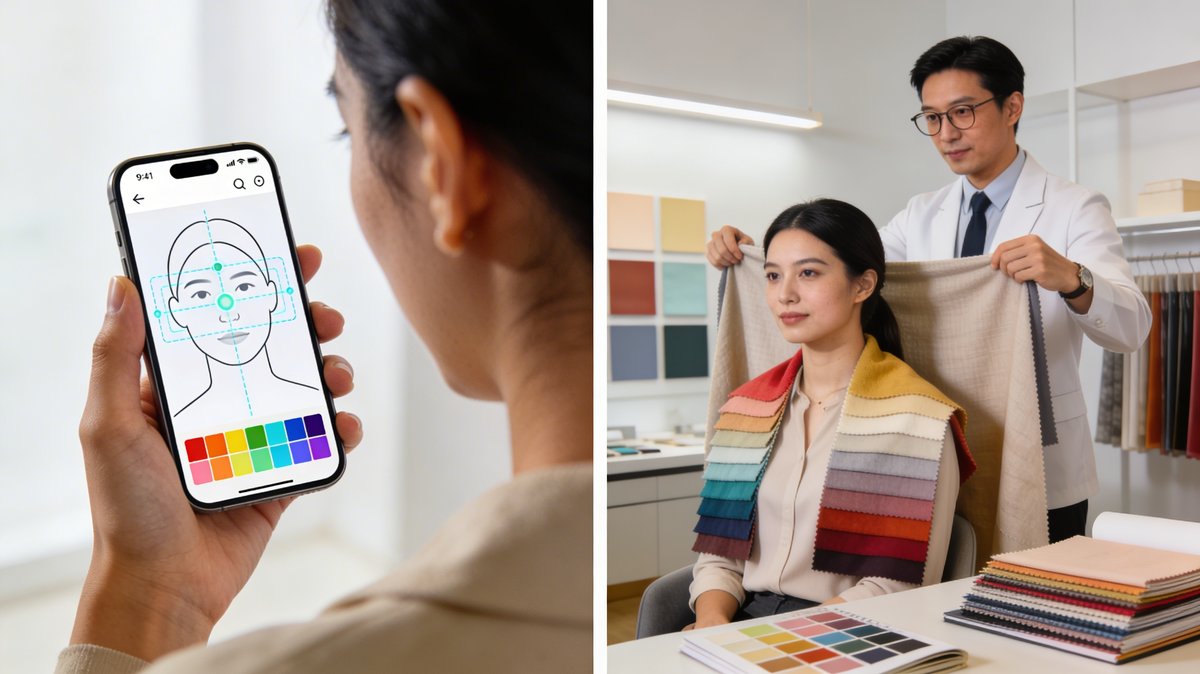 Infografía comparando la precisión de un test de colorimetría por IA (70-80 %) frente a una consulta profesional con draping