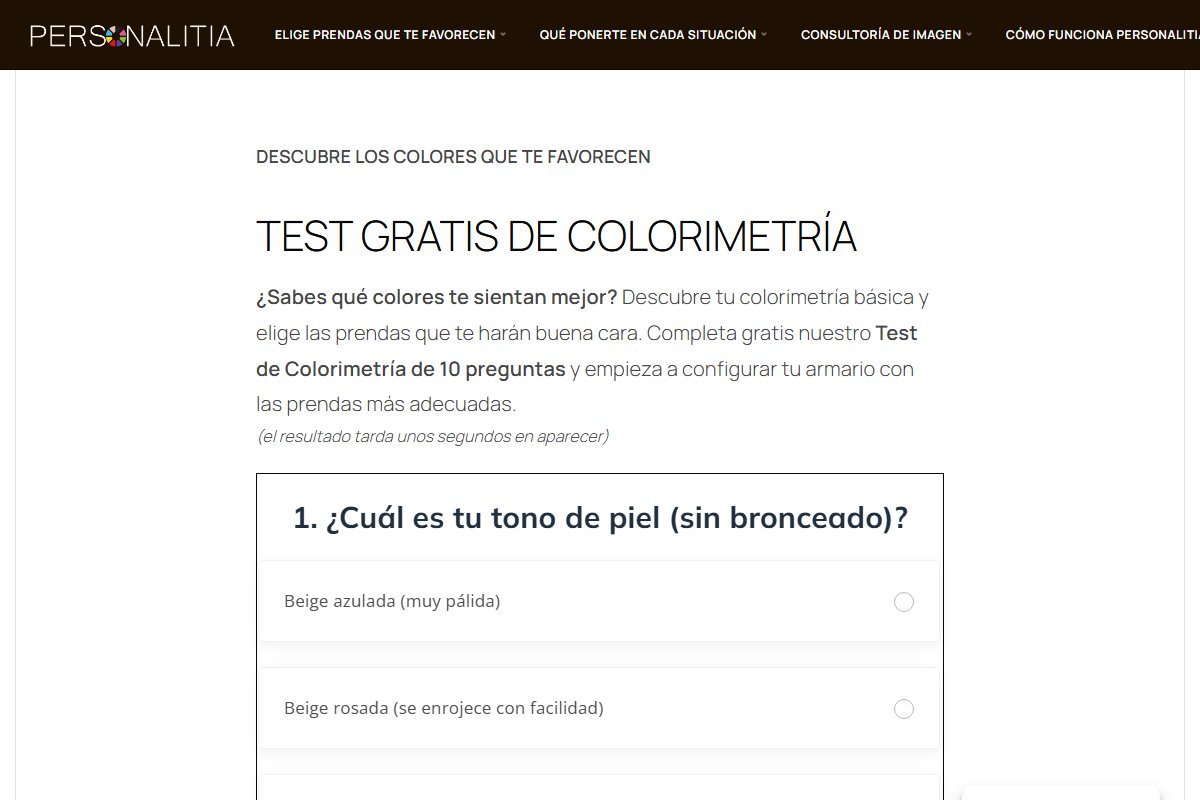 Interfaz de Personalitia con su test de colorimetría de 10 preguntas y opción de asesoría por Zoom